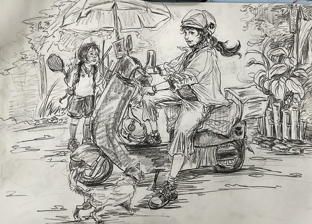 人物场景速写·电动车与狗（真实原作）